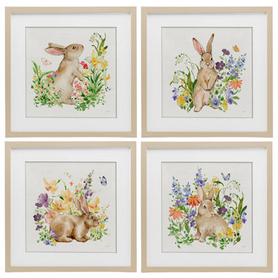 «Celebrate Spring Floral Bunnies», ensemble de 4 impressions encadrées sous verre, design par Katrina Pete