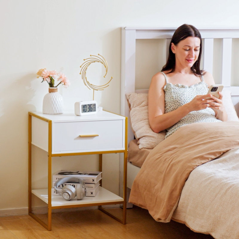 Bogia 45cm W Steel Bedside Table, Gold/White