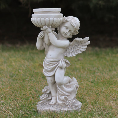 Statue de jardin 17,5 po Angel Chérubin tenant un bain d'oiseau