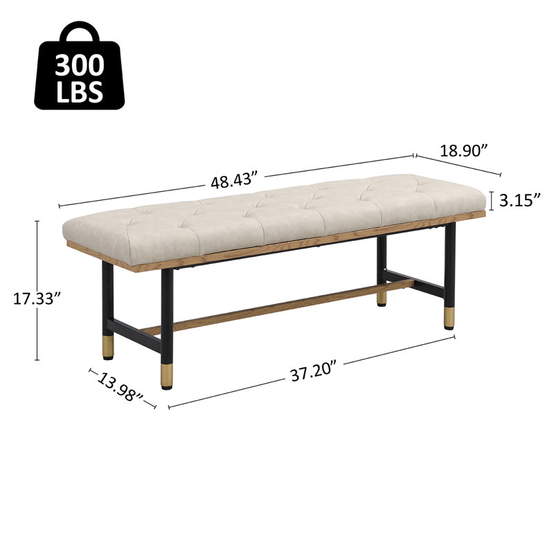 Beige Faux Leather Upholstered Bench with Gold Metal Shelf