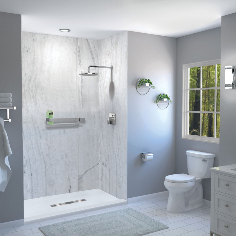 Transolid Trimslate 63-in x 36-in Shower Base with Adjustable Single Threshold and Center Drain, White