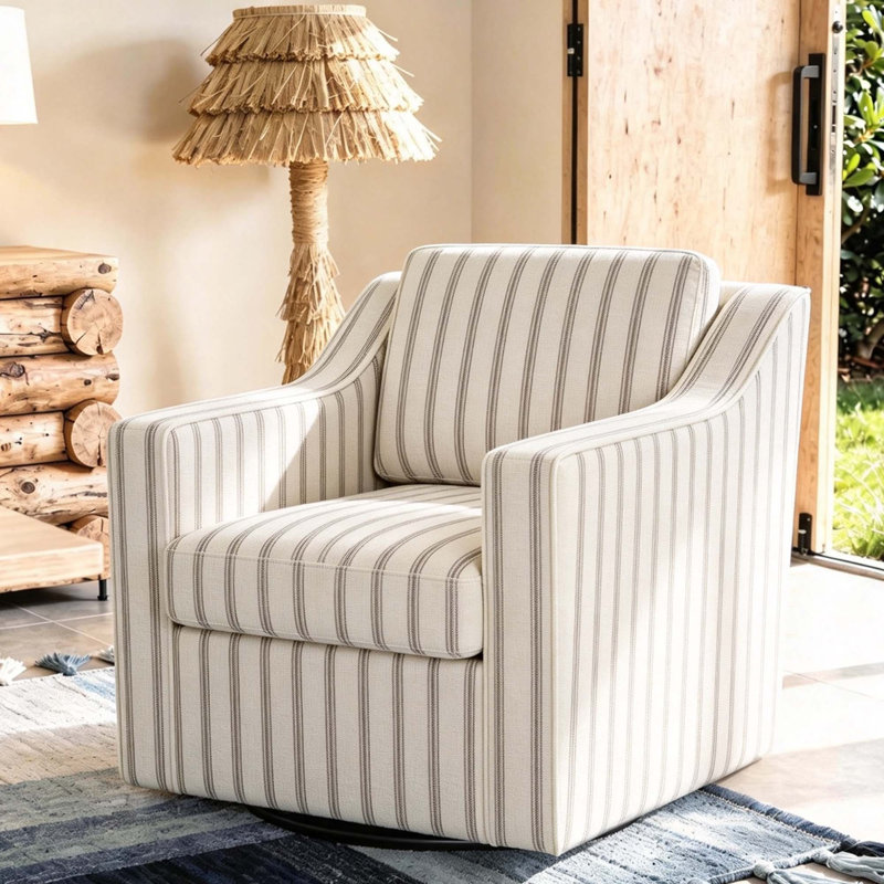 Upholstered Swivel Armchair, Pinstripe Light Brown Cotton Blend