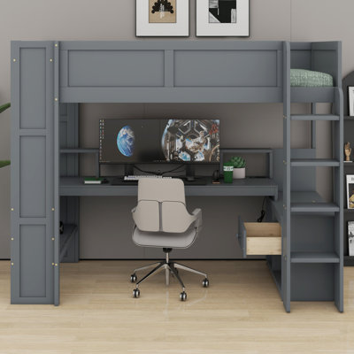 Lit mezzanine pratique en bois, bureau intégré, tablettes, lumière DEL et station de charge