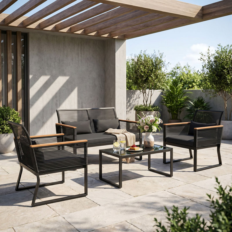 4-Person PE Wicker Outdoor Seating Group, Black