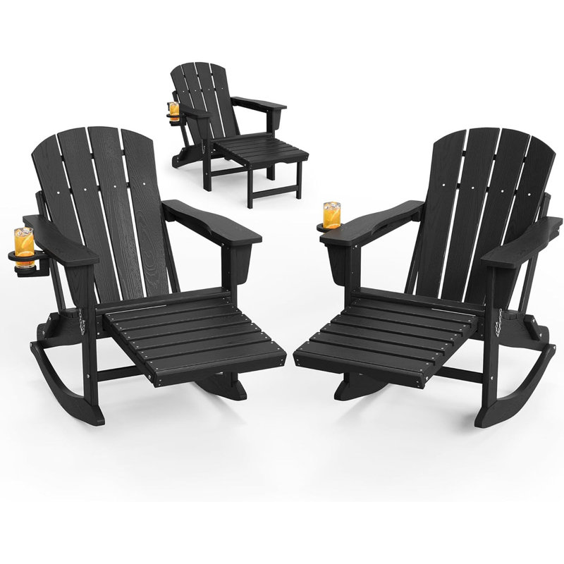 2 chaises berçantes pliantes Adirondack avec repose-pieds rétractable - PEHD texturé bois, porte-gobelet pour patio, Noir