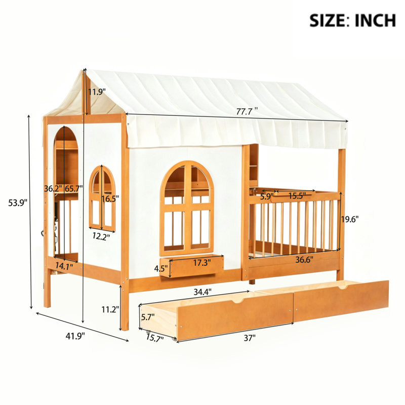 2 Drawers Full Size House Style Bed With Lighted Storage Shelves, Roof And Guardrails, Twin, Walnut