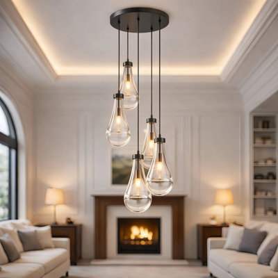 5-Light Teardrop Glass Chandelier – Black Metal, Adjustable Height, Oversized Vintage-Modern Pendant