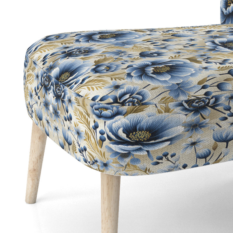 Vintage Blue And Beige Floral Pattern - Upholstered Farmhouse Side Chair, Blue Accent Chair