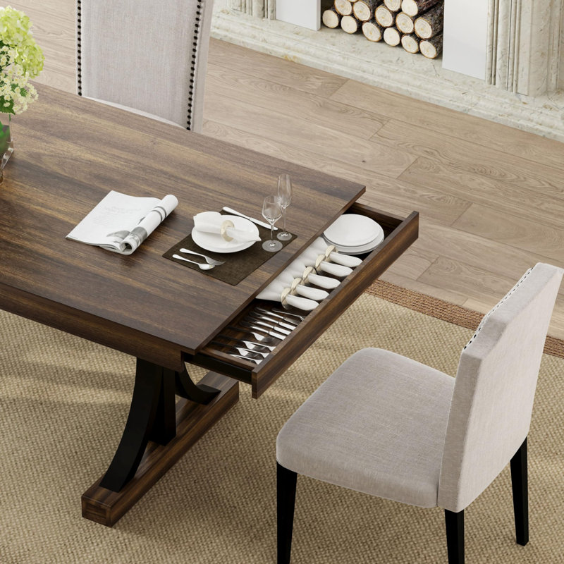 71-Inch Rectangular Dining Table with Two Drawers, Wooden Kitchen Table w/Large Tabletop & Sturdy Frame, Large Dining Table for 6-8 with Double Pedestal, for Dining Room, Office
