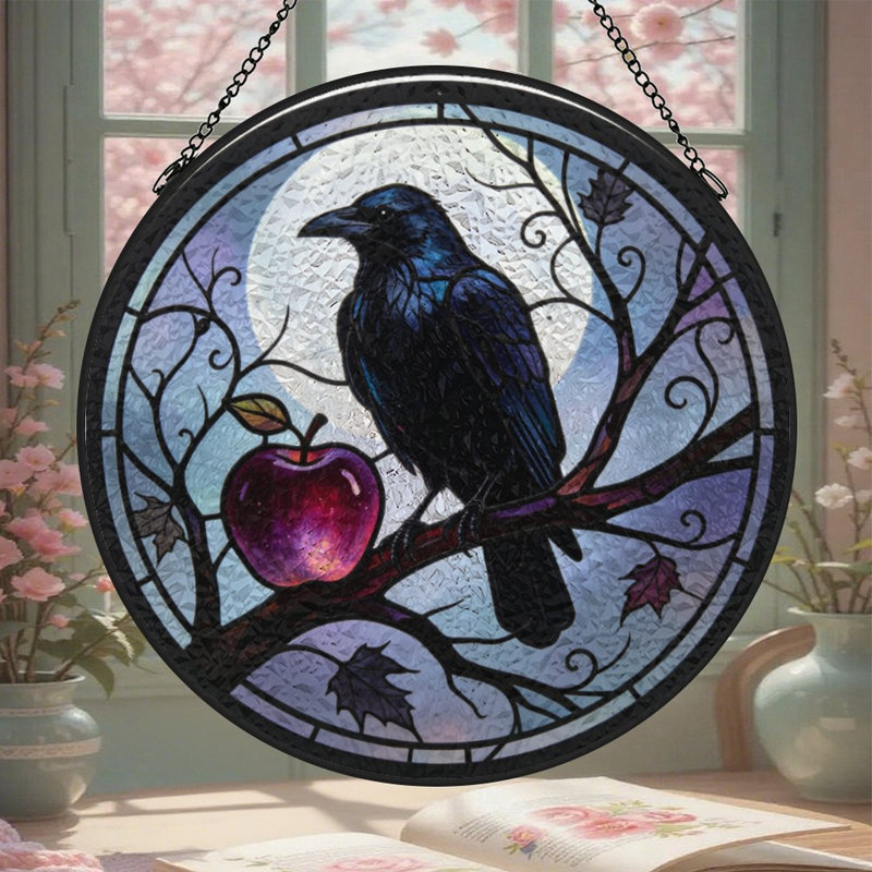 Corbeau de style vitrail perché sur une branche avec vitrail Suncatcher pour décor de fenêtre, 3.5x3.5in(9x9cm)