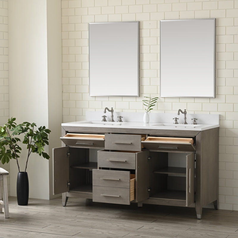 Maddison 60.25'' Free Standing Double Bathroom Vanity with Engineered Stone Top, Heritage Brushed Oak
