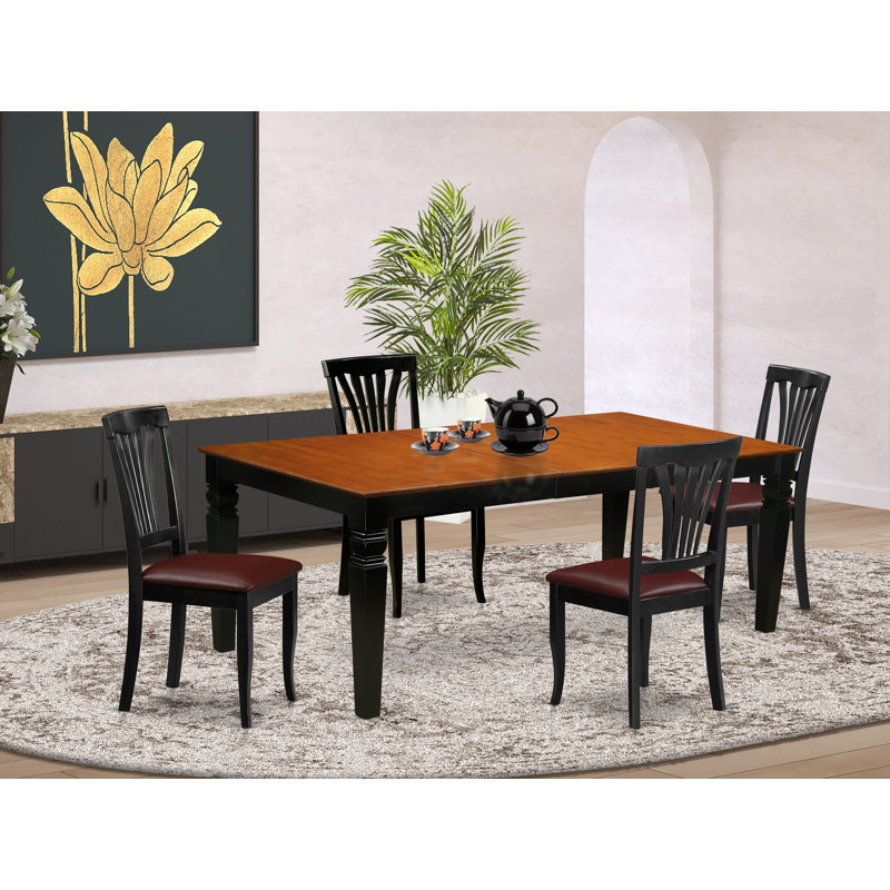 Ensemble de table de cuisine 5 pièces comprenant une table de salle à manger rectangulaire avec rallonge papillon et 4 chaises rembourrées en similicuir de 42 po x 84 po, noir et cerisier