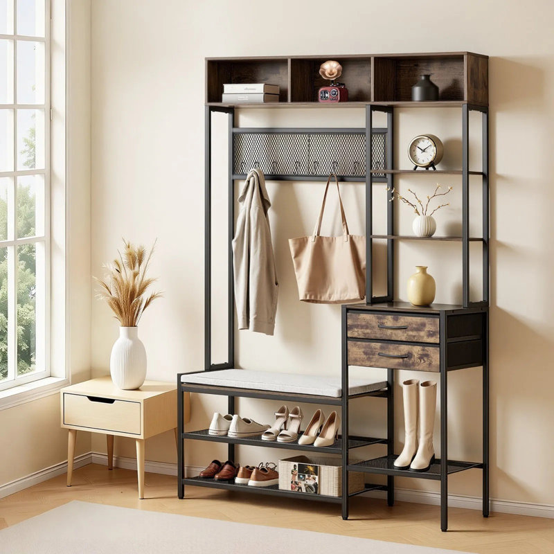 Portemanteau, portemanteau 70,9 po avec banc à chaussures et 2 tiroirs, range-chaussures autoportant 3 en 1 avec bibliothèque et tablette grillagée, porte-manteau d'entrée en acier pour l'entrée, la chambre à coucher et le placard
