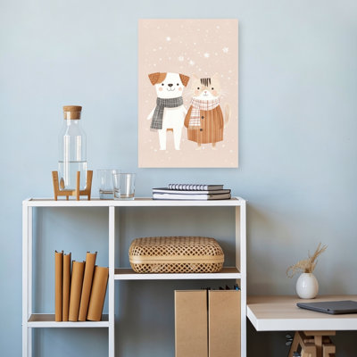 Cozy Winter Friends Playful Whimsical Abstract Cat Dog Winter Landscape Wall Art Print 1 Piece Wrapped Canvas Wall Art