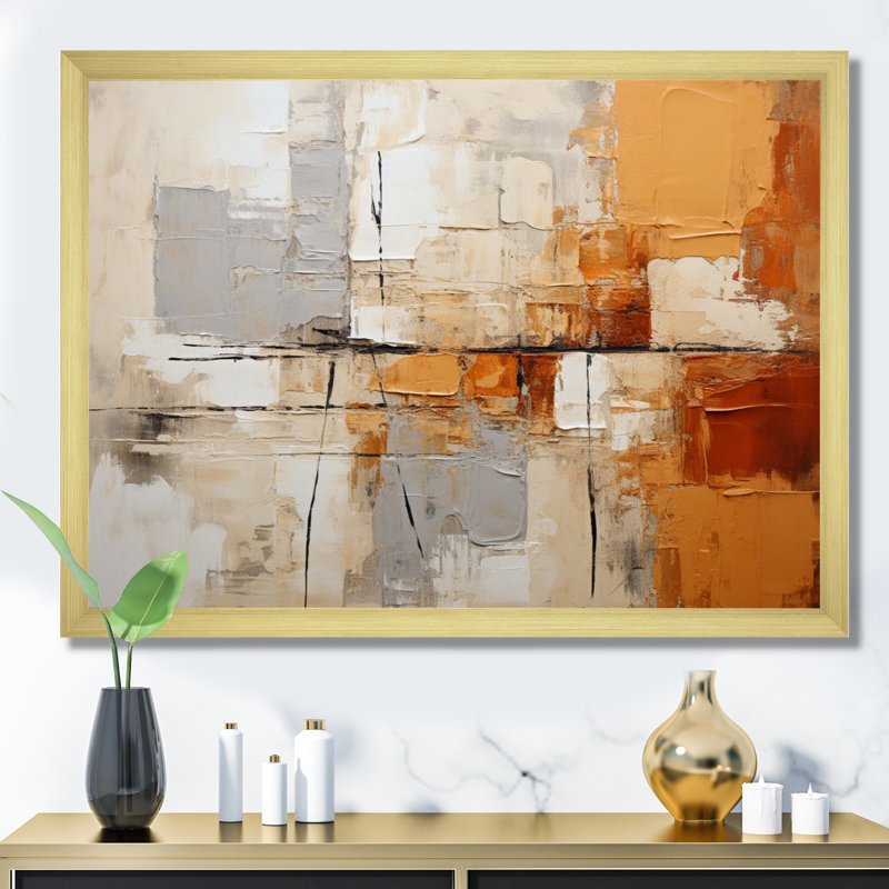 Gris, jaune, orange, impressions - Collages abstraits, art mural grand, H 30 po x l 40 po x P 1,5 po, Encadrement doré