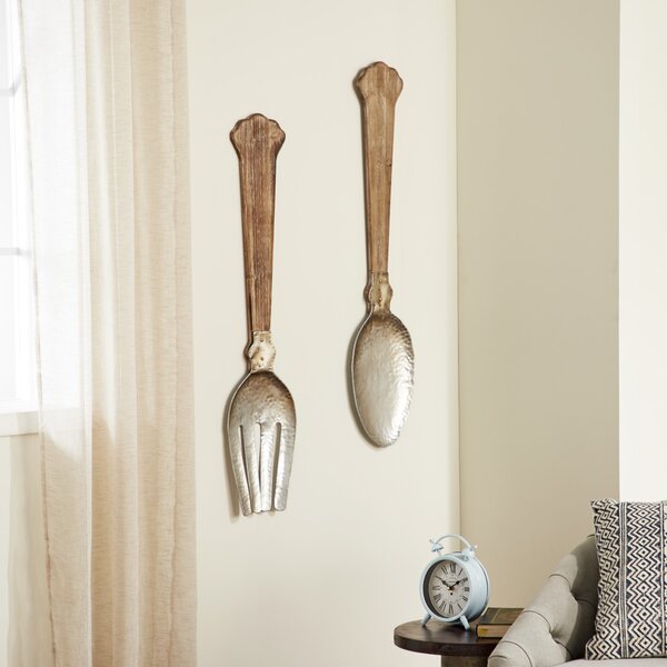 August Grove 2 Piece Brown Metal Spoon and Fork Utensils Wall Decor Set, 8W, 38H