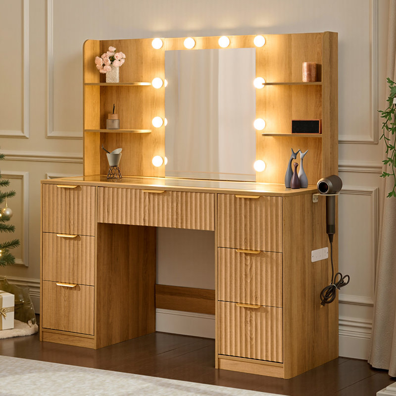 120cm W x 136cm H Modern Dressing Table with 7 Drawers, 3-Colour LED Mirror & Built-In Power, Beige