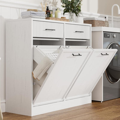Double Tilt Out Laundry Hamper Cabinet with 2 Drawers & Laundry Baskets, 20 gal Fluted Trash Can Cabinet, Modern Wooden Hidden Garbage Can Cabinets for Bathroom