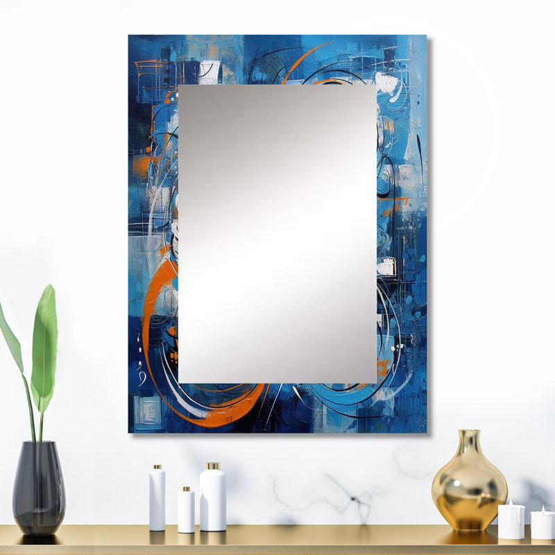 Orange et bleu géométrique Équilibre III - grand miroir mural géométrique, miroir décoratif moderne, impression d'art en métal
