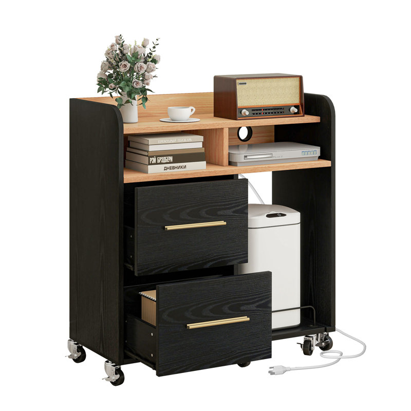Classeur l 35 po Asharra avec prises de courant, 2 tiroirs et support pour imprimante, Noir