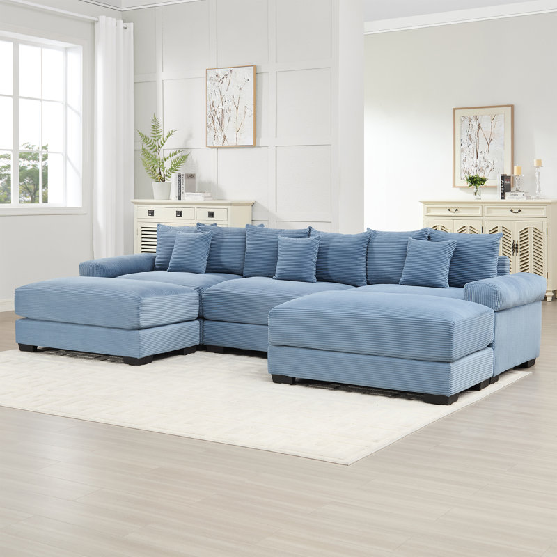 Canapé modulaire en velours côtelé avec repose-pieds et coussins Cohette, Velours côtelé bleu