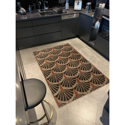 Brown-Grey Themed Spiral Shape Patterned Modern Decorative Rug