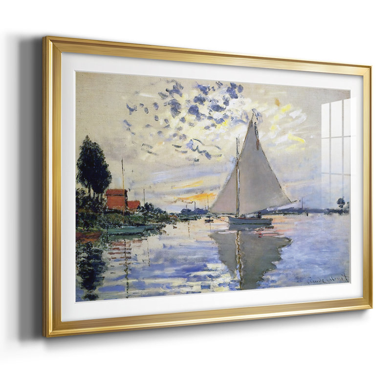 Voilier au petit encadré sur papier, Or, H 27 po x l 39 po x P 1,5 po