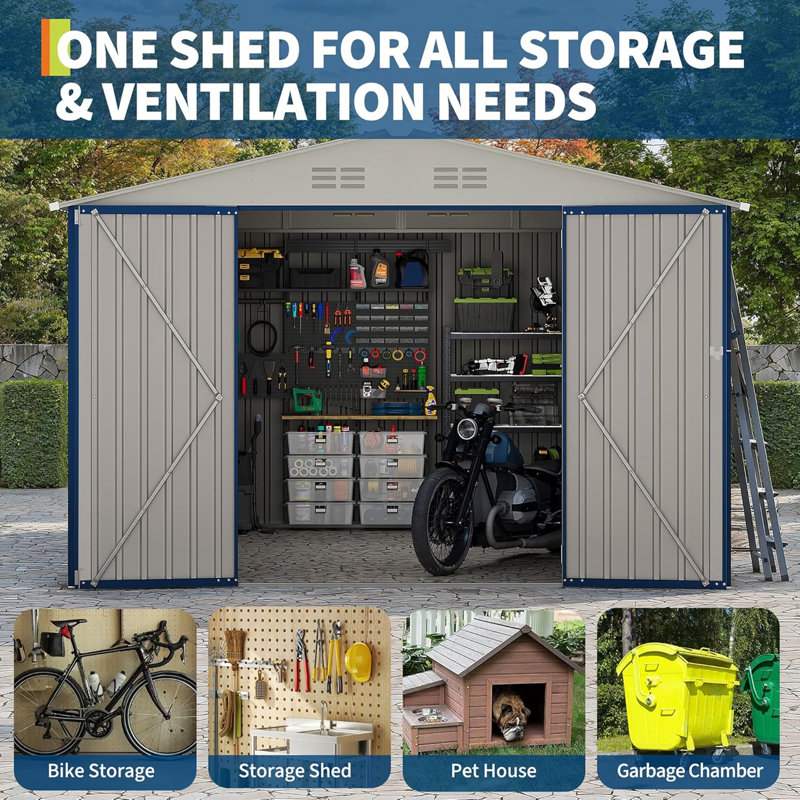 10 ft. W x 10 ft. D Outdoor Metal Storage Shed with Sloping Roof & Double Door, Blue, Blue