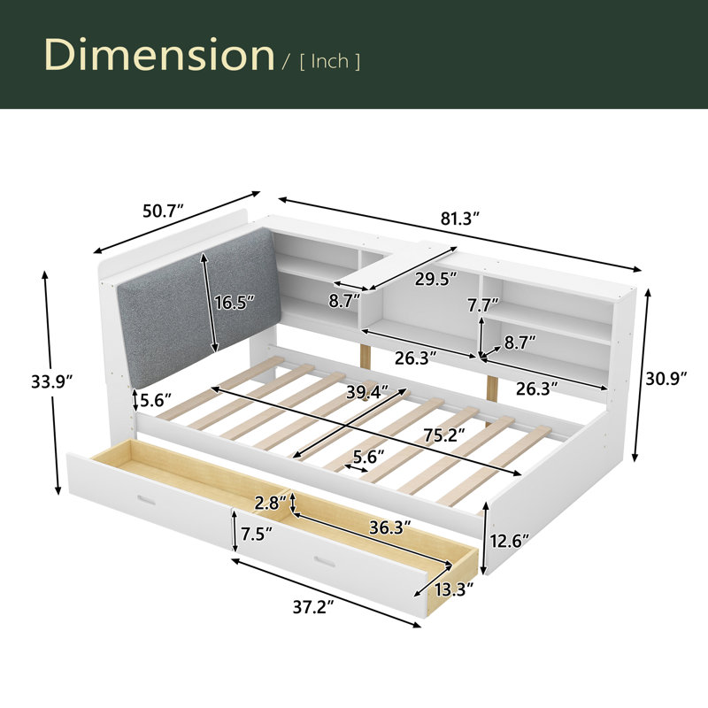 Lit plateforme en bois avec tête de lit avec rangement, tablettes et 2 tiroirs, Blanc