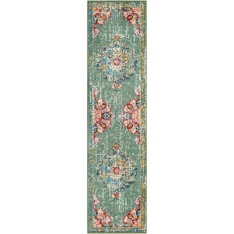 Tapis oriental vert / bleu / rouge en polypropylène tissé à la machine Pennylane, Tapis de couloir 2 pi x 8 pi