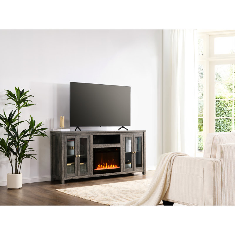 Meuble télé avec foyer 70 po, finition noyer gris, chauffage, éclairage à DEL, 2 armoires avec tablette intérieure réglable et tablette centrale ouverte