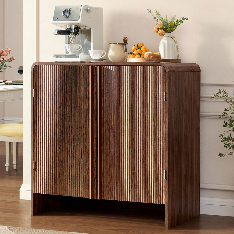 Dulane 32" Sideboard with Pine Handles & 2 Adjustable Shelves, Double Curved Fluted Door, Brown, Brown