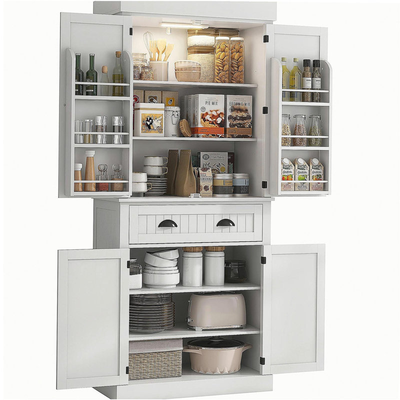 HOMCOM 71" Kitchen Storage Cabinet with Sensor Light, Tall Storage Cabinet with 6 Shelves, 1 Drawer, and 4 Adjustable Shelves, Suitable for Living Room, Dining Room, White