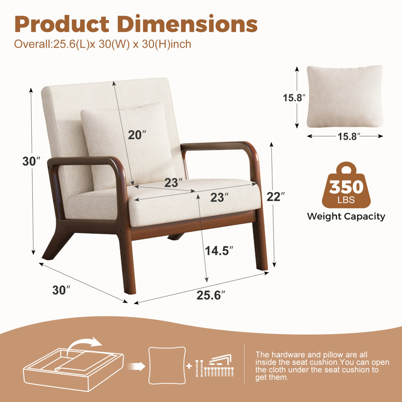 Upholstered Solid Wood Accent Chair Armchair With An Extra Pillow, Brown Arms, Beige Linen, Beige Linen / Dark Brown Wood