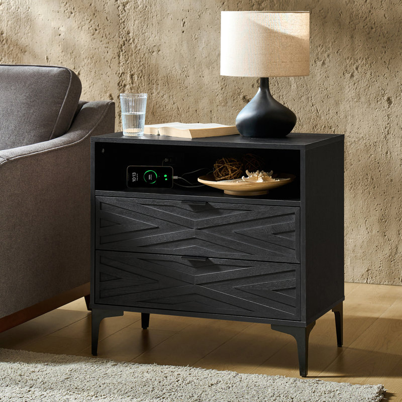 Table de bout moderne à 2 tiroirs avec port de chargement et tablette ouverte Lindley, Noir