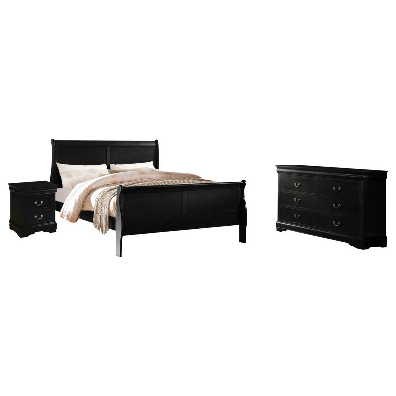 Ensemble de chambre à coucher Engstrom, Gris foncé, Très grand, 3 pièces : 2 table de chevet, 1 lit