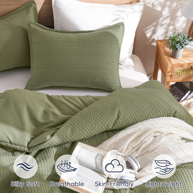 PHF Soft Waffle Comforter Set, Comfy Breathable Lightweight Textured Waffle Weave Comforter Bedding Set, Olive Green