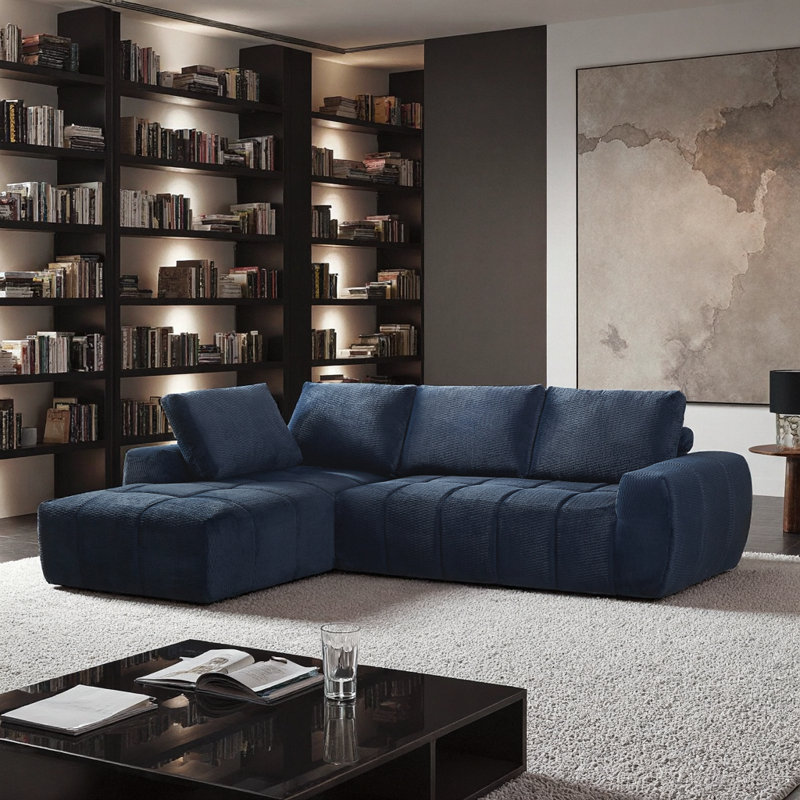 Canapé modulaire luxueux en forme de L en fausse fourrure bleu foncé pour le salon, canapé-lit confortable, aucun assemblage requis