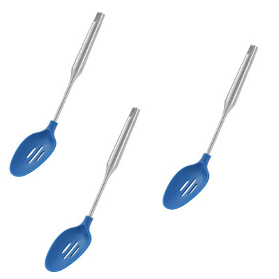 Cuillères de service à fente antiadhésives en silicone YBM Home, outils de cuisine en plastique résistant à la chaleur pour mélanger, frire, servir, égoutter, tourner et remuer, avec poignée en acier inoxydable, bleu, paquet de 3