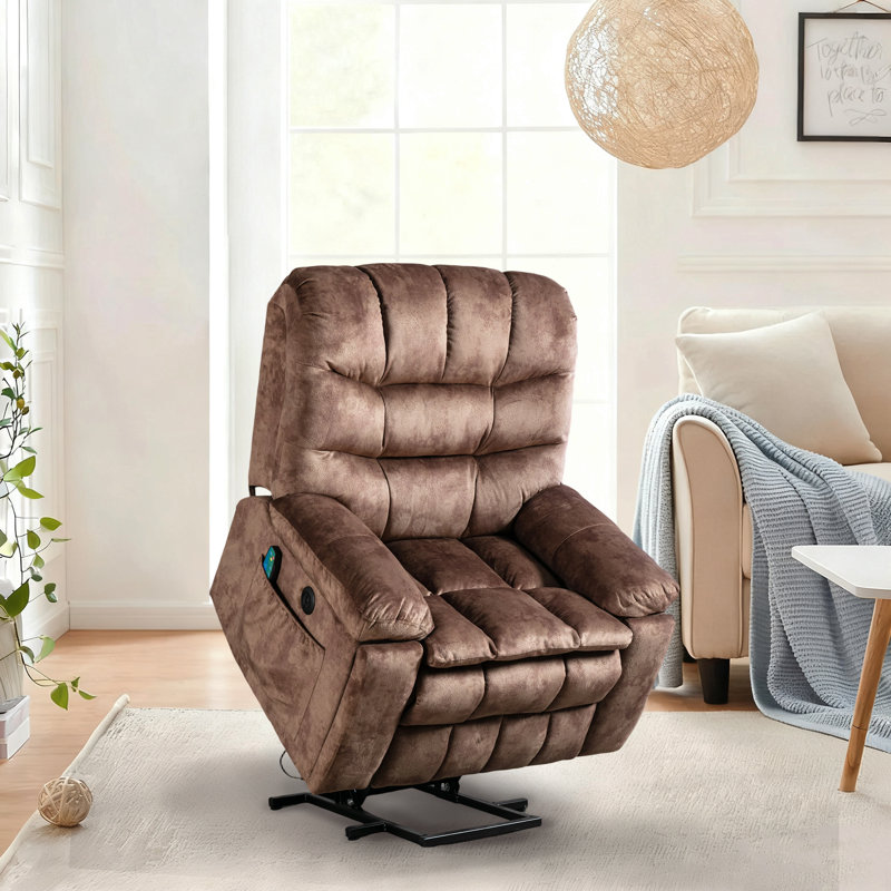 Karelin 39.4" Wide Classic Velvet Power Lift Assist Reclining Chair with Massage Heating & Cup holders & USB, Coconut