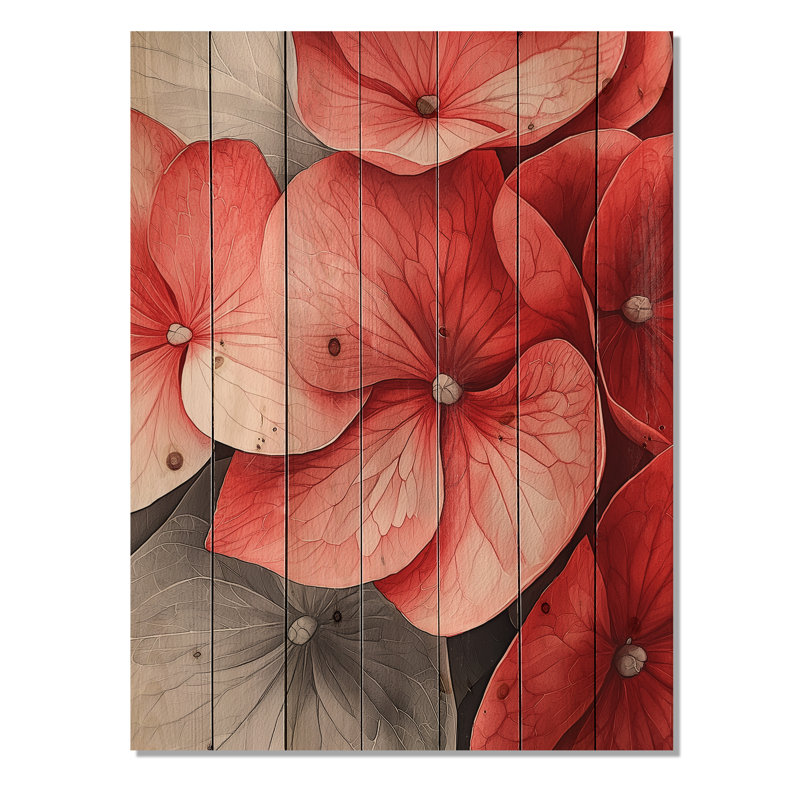 Monochrome Red Hydrangea Petal Accent II - Hydrangea Wood Wall Decor - On Natural Pine Wood, 20" H x 10" W x 0.78" D