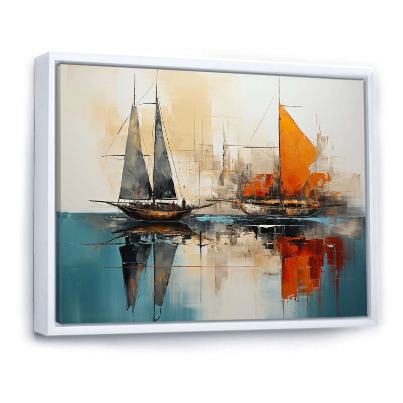 «Moonlight Saiboat Collage Horizon II», bateau à voile, art mural, Cadre flottant blanc, H 34 po x l 44 po x P 1,5 po