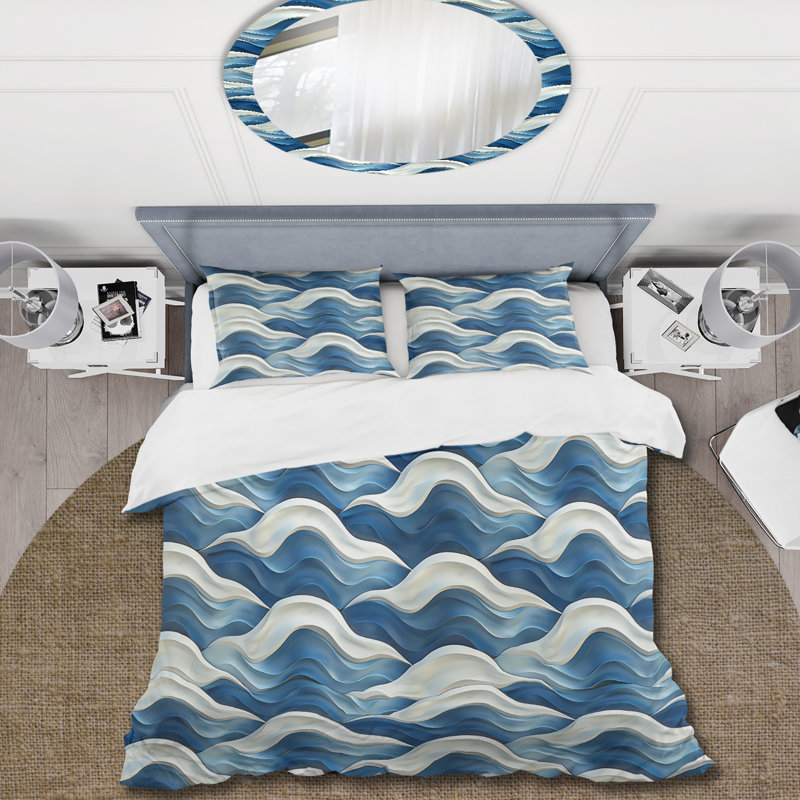 Ensemble de housse de couette bleu beige Midcentury Waves I - Midcentury, Housse de couette simple + 2 taies décoratives st