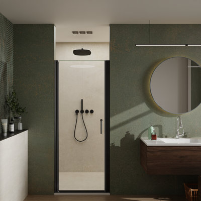 72 po H Porte de douche pivotante demi-cadre en noir mat avec verre transparent