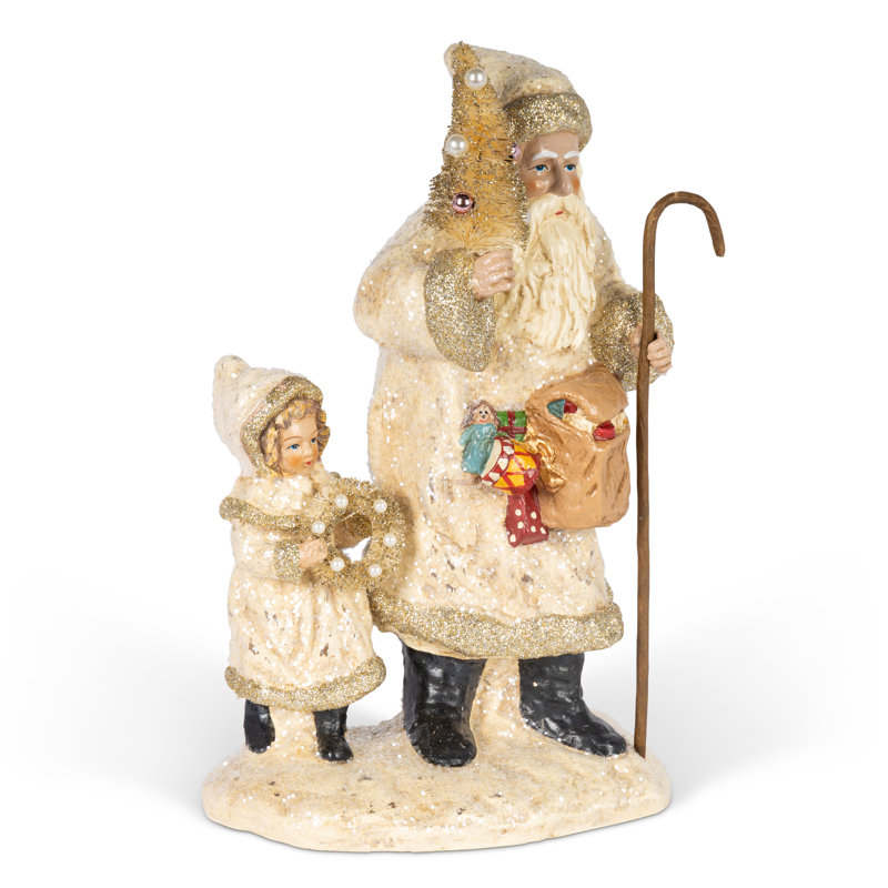 Père Noël en papier mâché avec sapin et enfant, 28 cm de hauteur