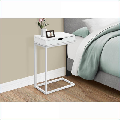 Space-Saving C-Shaped Coffee Table with Storage Drawer, White Laminate & Metal for Living & Bedroom