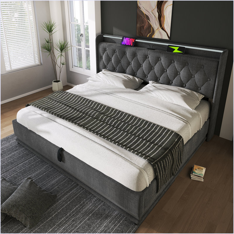 Lit rembourré, fonction DEL à 360 degrés, boutons / applications / télécommande, lit de rangement hydraulique avec charge USB Type-C