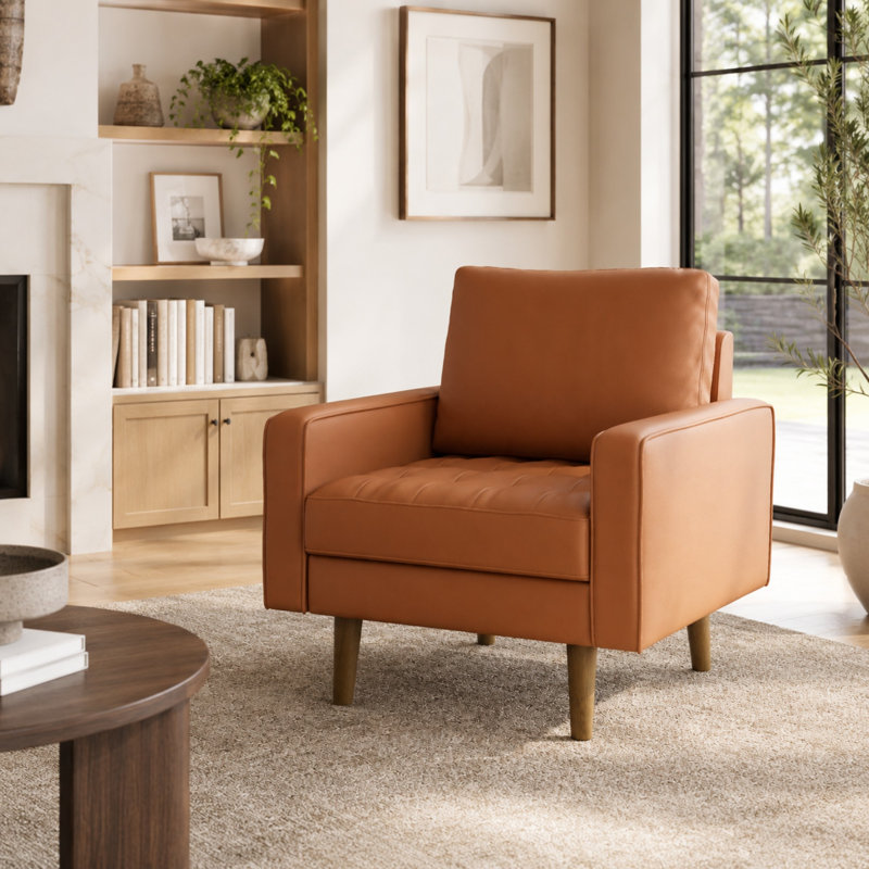 Statura 32" Mid-Century Square Arm Accent Chair, Sofa Chair, Brown, Brown