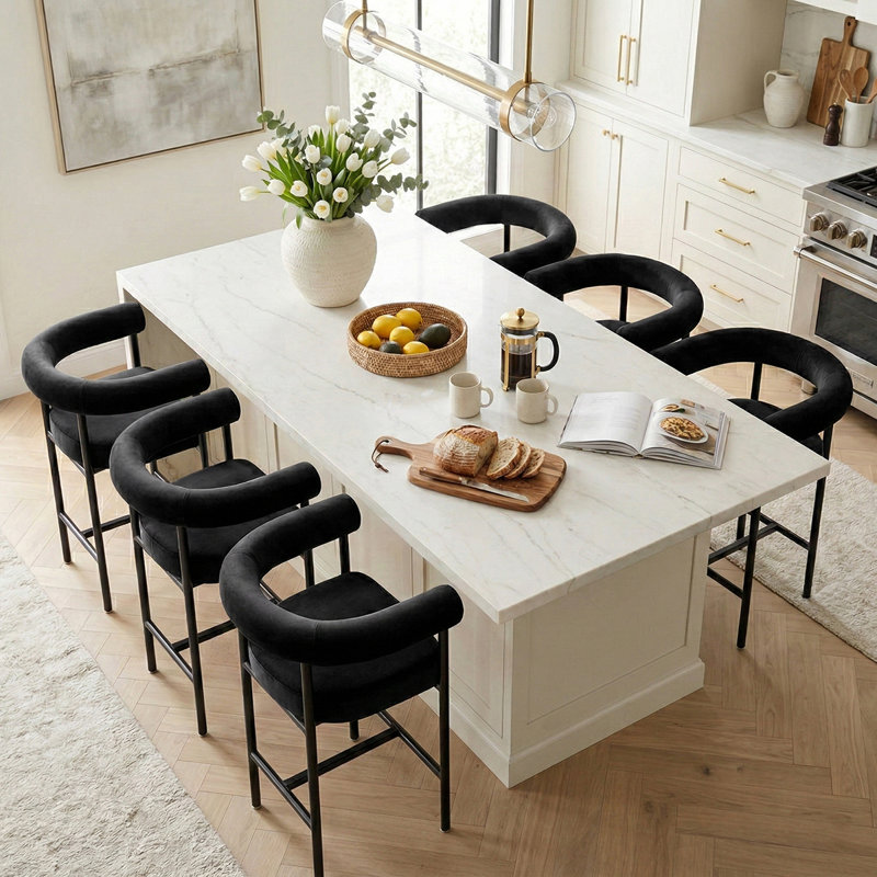 24" Modern Velvet Counter Stools, Upholstered Barrel Back Kitchen Island Counter Height Chairs With Powder Coated Metal Frame And Footrest