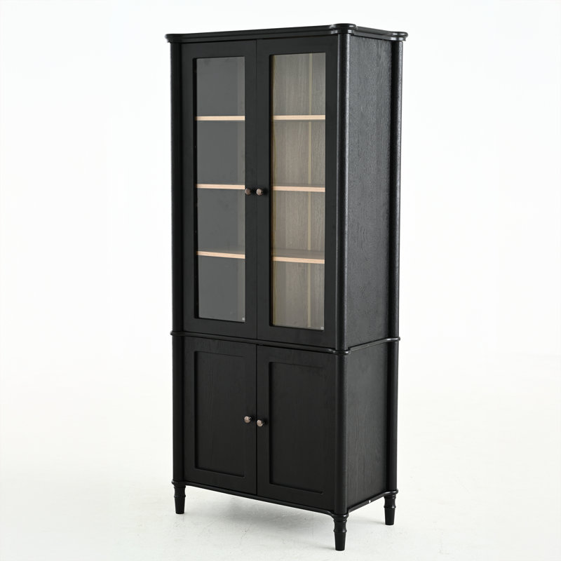 Vitrine de style Mid-Century moderne H 71,07 po avec portes doubles, placage en bois de frêne, tablettes réglables et charnières amortissantes pour rangement de cuisine
